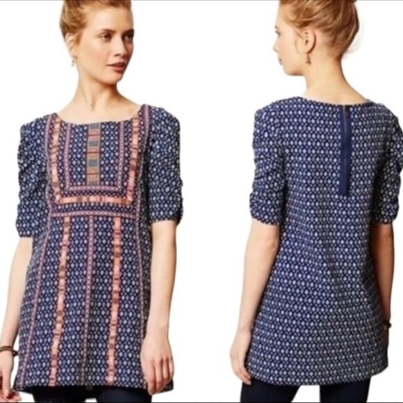Anthropologie Akemi + Kim Blue Mini Dress Top Hippie Boho Embroidery Size Medium - Picture 6 of 9